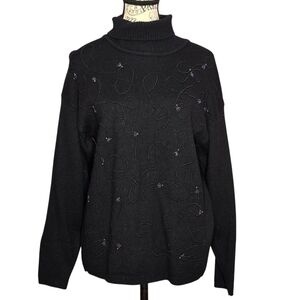 Elegant Black Turtleneck Lambswool Beaded Sweater Medium Classic